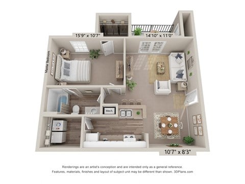 Floor plan for 1 bed, 1 bath, 757 sqft